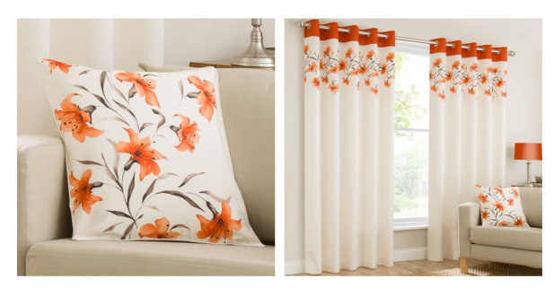 9) Lily Floral Ring Top Eyelet Curtains & Cushion Cover