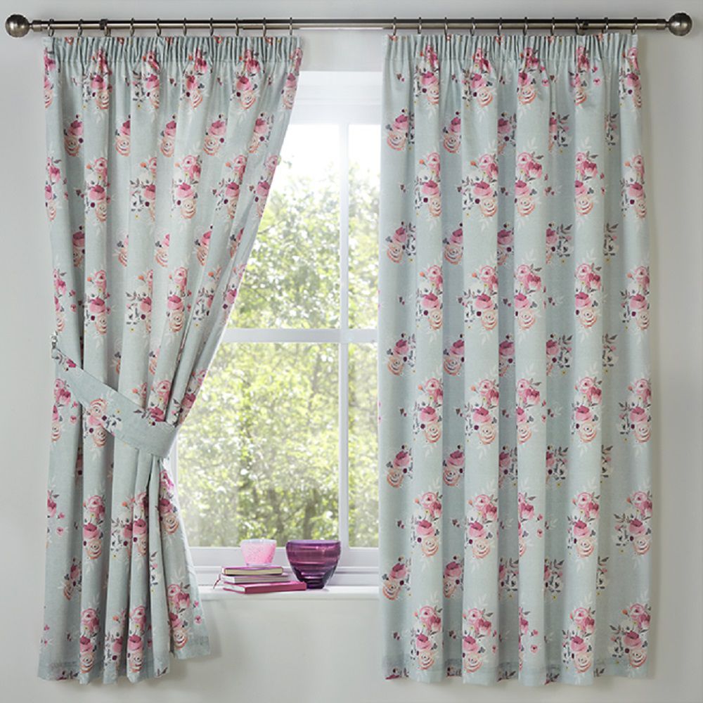 TRAILING FLORAL FLOWERS DUCK EGG BLUE FULLY LINED PENCIL PLEAT CURTAINS*7 SIZES* 