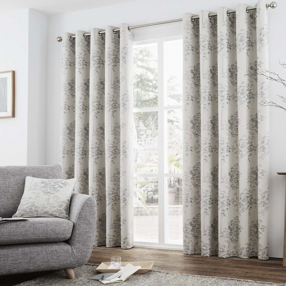 Elmwood Trees Floral Lined Eyelet Curtains Silver Grey Stone 