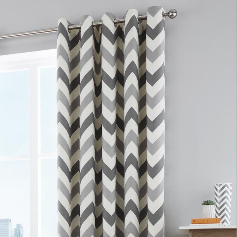 ZIG ZAG CHEVRON GREY CREAM FULLY LINED RING TOP CURTAINS *7 SIZES* 