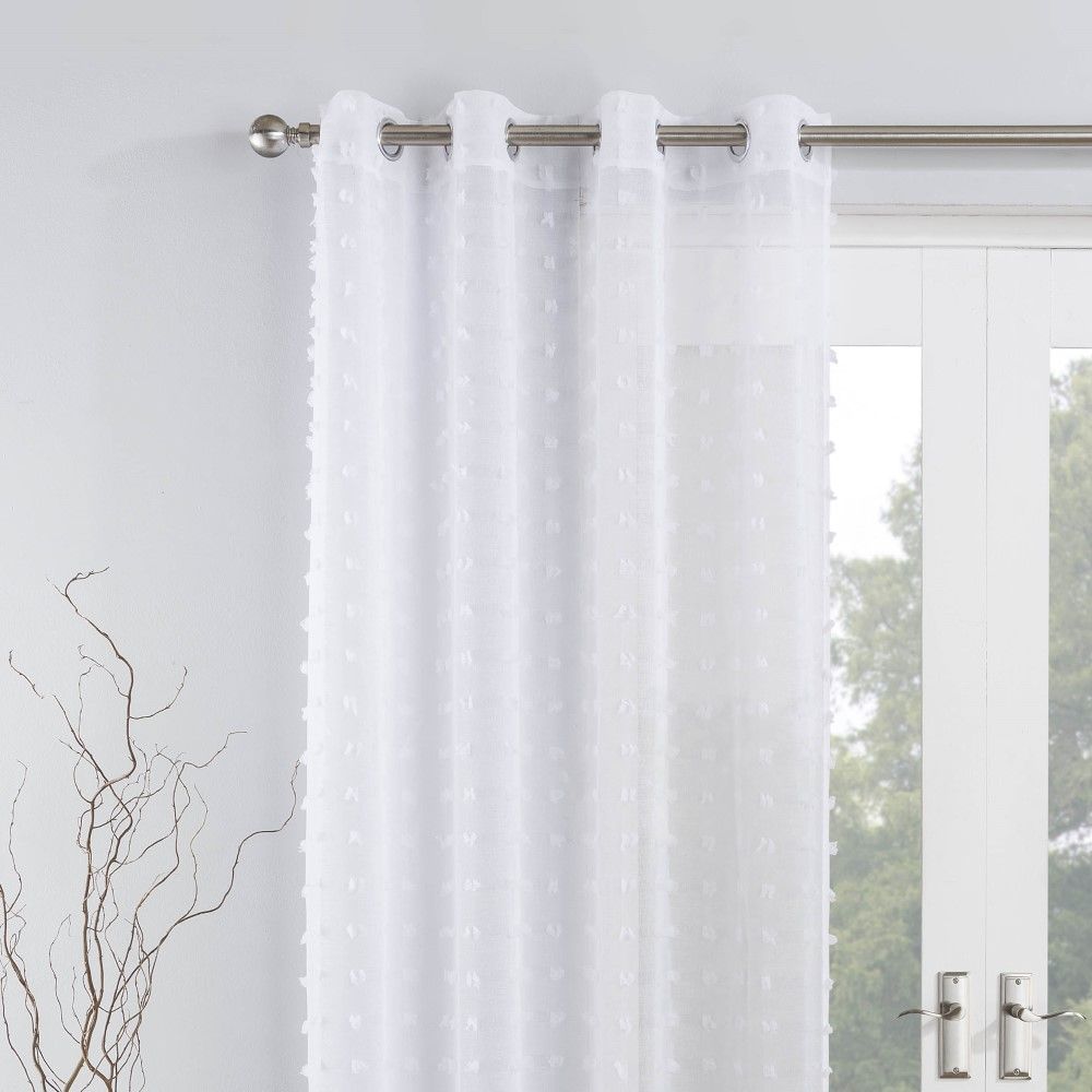 White Pom Pom Bali Textured Sheer Voile Net Curtain Eyelet Ring Top Single Panel 