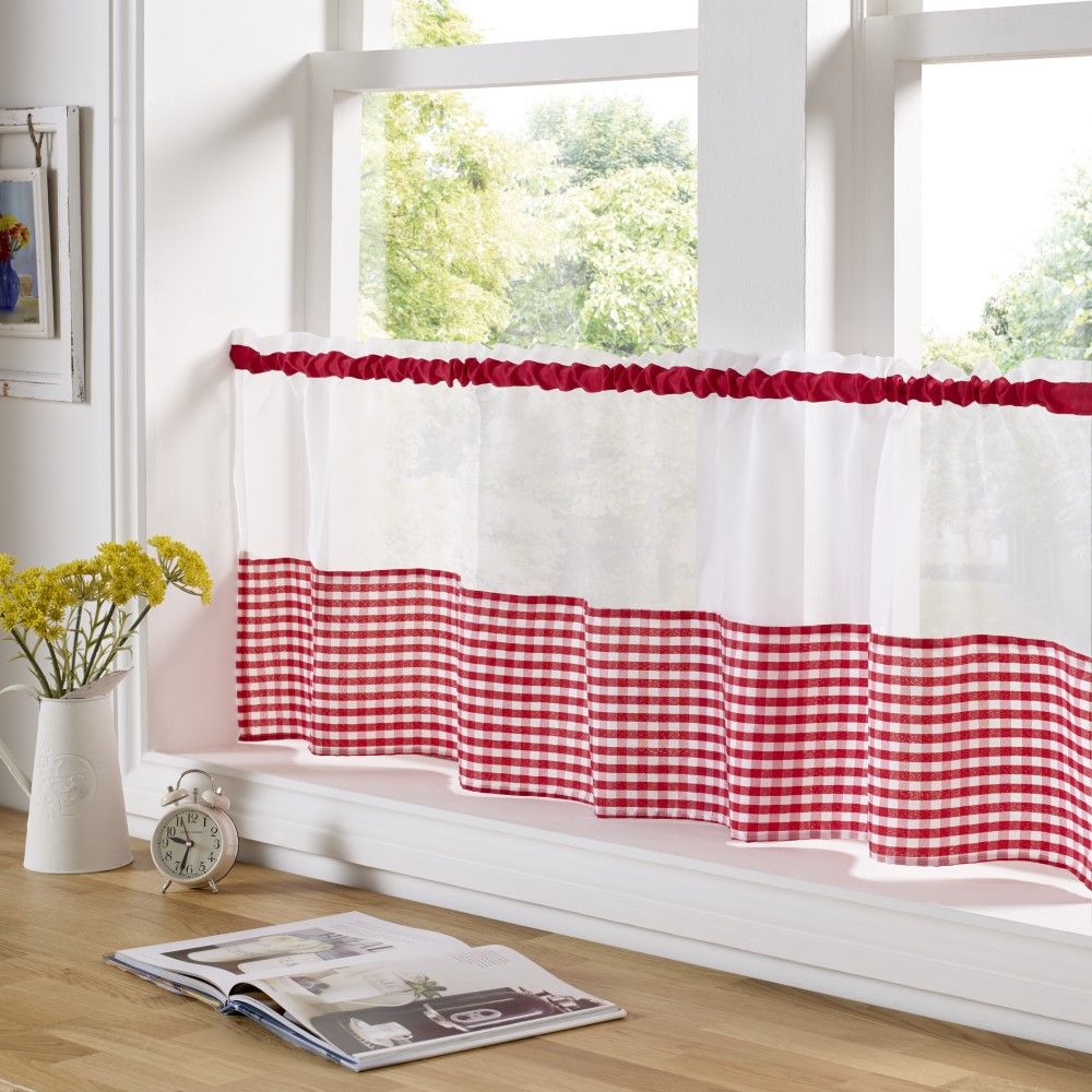 Gingham Check Beige & White Cafe Voile Curtain Panel 