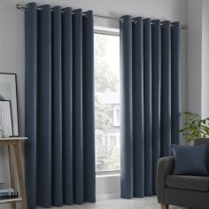 Strata Plain Textured Blockout Eyelet Curtains - Navy Blue