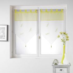 Libellula Pom Pom Embroidered Voile Curtain Pair with Tab Top - Yellow
