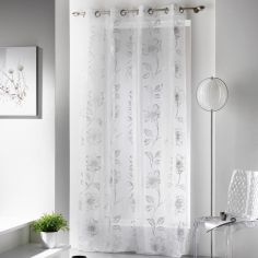 Celia Silver Flowers Eyelet Voile Curtain Panel - White