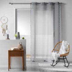 Galoni Eyelet Voile Curtain Panel with Pom Pom Edging - Grey