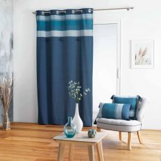 Lanseria Striped Pom Pom Top Unlined Eyelet Curtain Panel - Blue