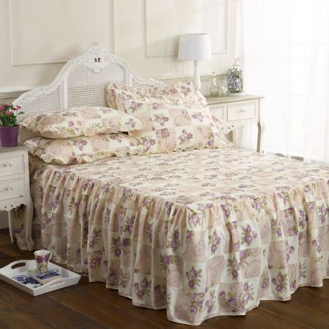 Quilted Lilac Patchwork Floral Fitted Bedspread Set