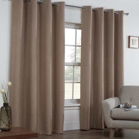 Linen Look Textured Thermal Blockout Ring Top Curtains - Mocha Oatmeal