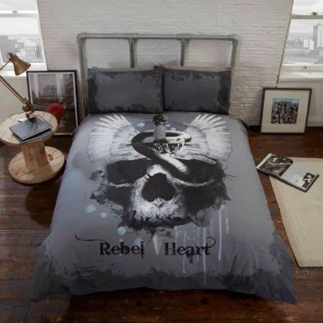 Rebel Heart Skull Duvet Cover Set - Grey