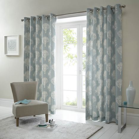 Woodland Trees Fully Lined Eyelet Curtains - Duck Egg Blue