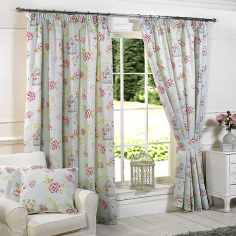 Charlotte Birdcage Floral Butterfly Duck Egg Blue Fully Lined Curtains