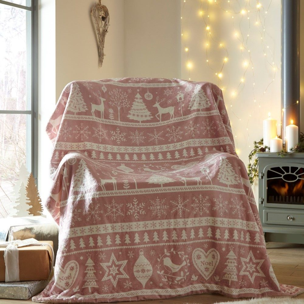 Scandi Christmas Supersoft Blanket Fleece Throw Blush Pink Tonys Textiles