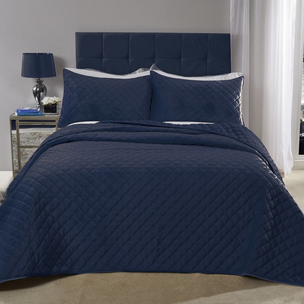 Regent Quilted Soft Touch Velvet Bedspread Set Navy Blue Tonys Textiles