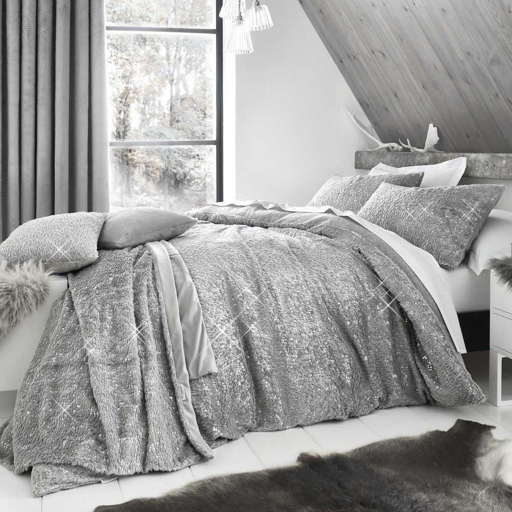 200cm x 150cm Silver By Caprice Home Vivien-Sparkle Fleece Bedspread 