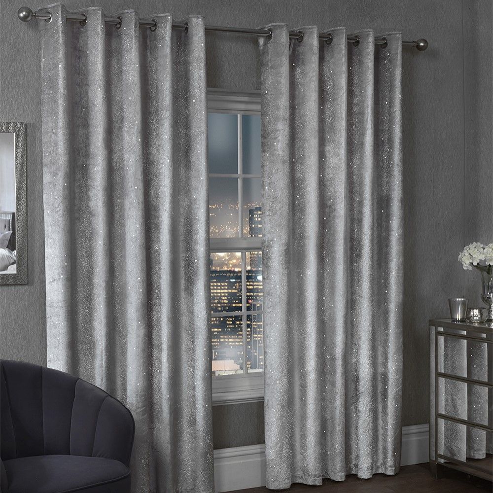 Lexie Faux Silk Crushed Velvet Panel Fully Lined Eyelet Curtains Silver/Grey 