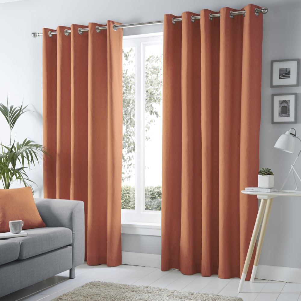 Sorbonne Orange Terracotta Plain 100% Cotton Eyelet Lined Curtains OR Cushions