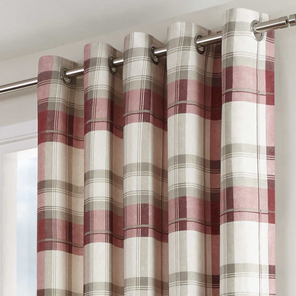 229 x 229cm Fusion 100% Cotton Ready Made Pair of Eyelet Curtains 90 Width x 90 Drop Balmoral Check in Ruby 