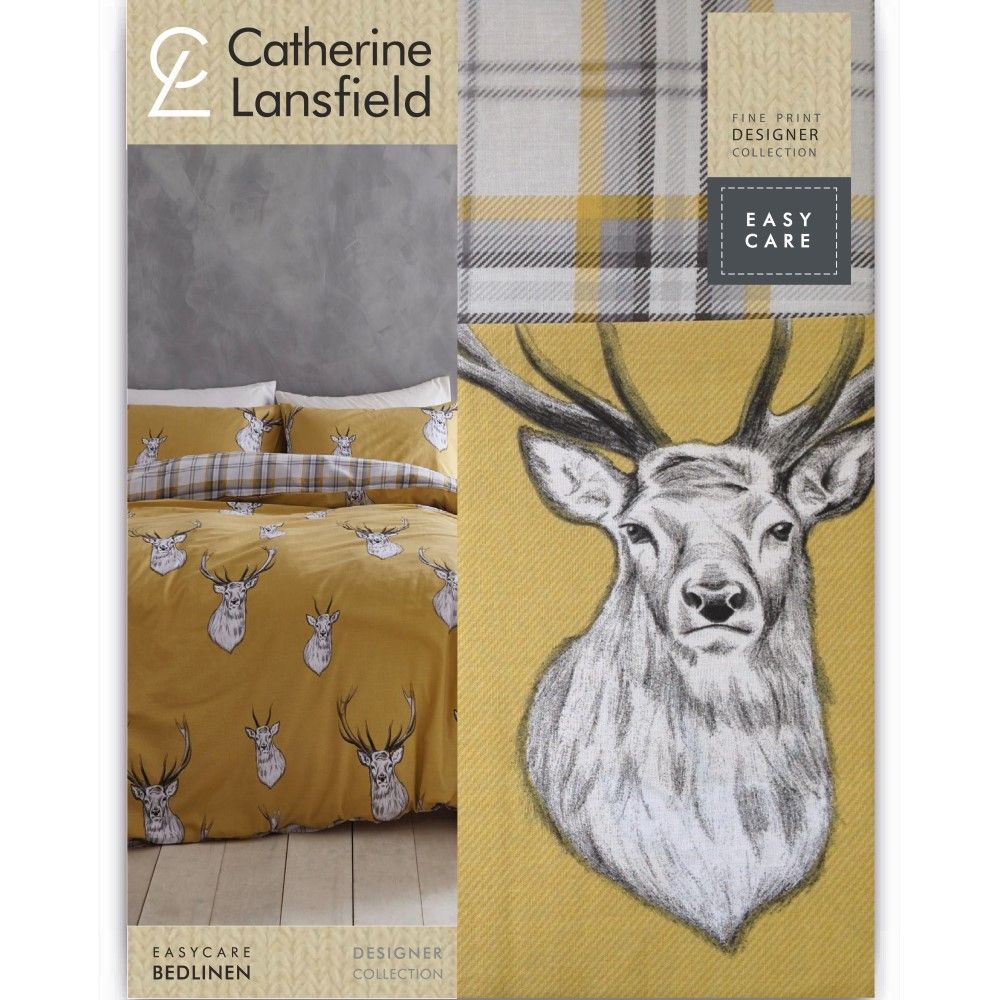 Catherine Lansfield Stag Tartan Reverse Easy Care Duvet Cover Bedding Set Ochre 