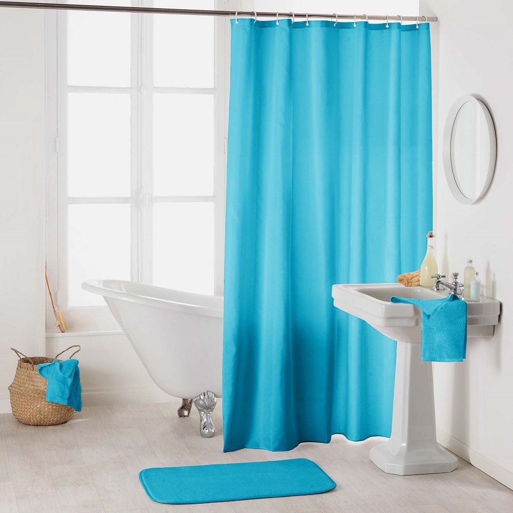 Essencia Plain Shower Curtain With Hooks Turquoise Blue