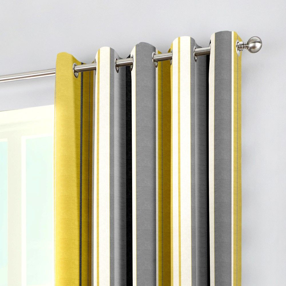VERTICAL STRIPE YELLOW GREY BEIGE FULLY LINED RING TOP CURTAINS *7 SIZES* 