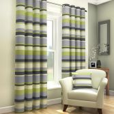 Green, Natural & Grey Striped Lined Eyelet Curtains
