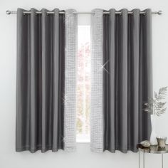 Catherine Lansfield Shimmer Crushed Velvet Pinsonic Eyelet Curtains - Silver Grey