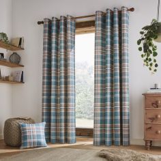 Catherine Lansfield Tweed Woven Check Eyelet Curtains - Teal Blue