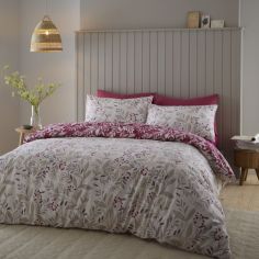 Catherine Lansfield Brushed Cotton Lingonberry Floral Duvet Cover Set - Natural Red