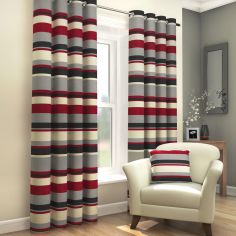 Black, Red & Grey Striped Lined Eyelet Curtains