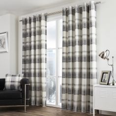 Birkdale Check Lined Eyelet Curtains - Charcoal Silver Grey