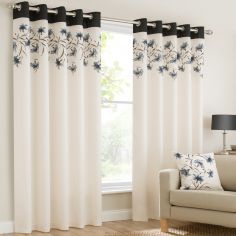 Lily Floral Ring Top Eyelet Fully Lined Curtains - Black
