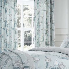 Tulip Floral Fully Lined Tape Top Curtains - Duck Egg Blue
