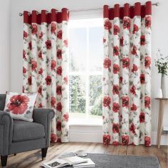 Adriana Floral Fully Lined Eyelet Curtains - Red