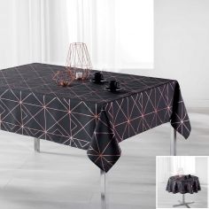 Luxury Quadris Geometric Tablecloth - Charcoal Grey with Gold Pink Metallic Print