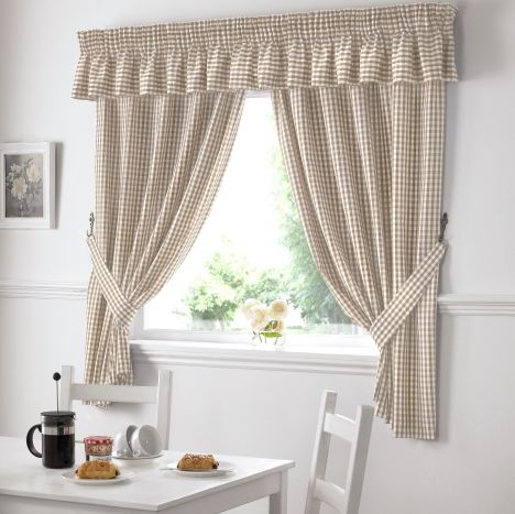 Gingham Check Kitchen Tape Top Curtains - Beige