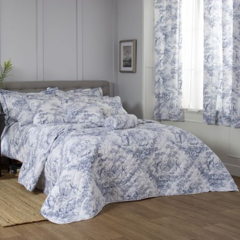 Toile De Jouy Vintage Quilted Bedspread  - Blue