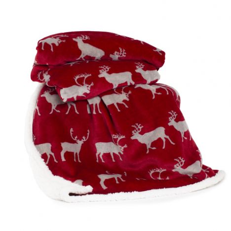 Printed Flannel Sherpa Stag Throw - Red