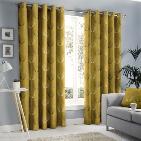 Delta Geometric Floral Fully Lined Eyelet Curtains - Ochre Yellow