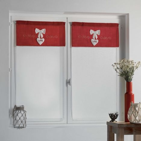 Selena Fancy Emboidered Pair of Voile Blinds with Slot Top - White & Red