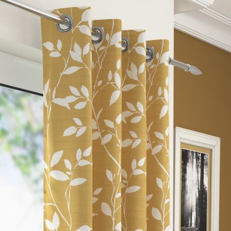 Laural Floral Voile Eyelet Curtain Panel - Ochre Yellow