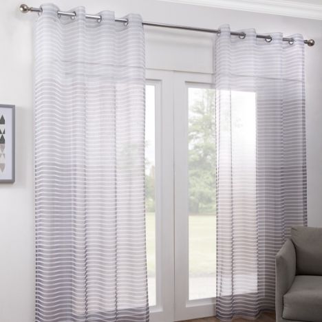 Pair of Barbados Ombre Stripe Eyelet Voile Curtain Panels - Grey