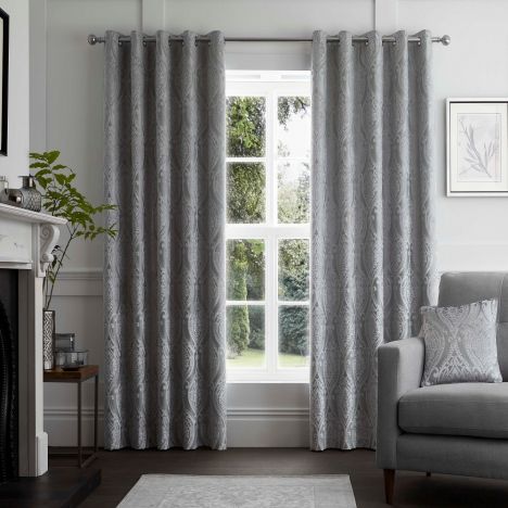 Chateau Damask Fully Lined Eyelet Curtains - Silver Grey