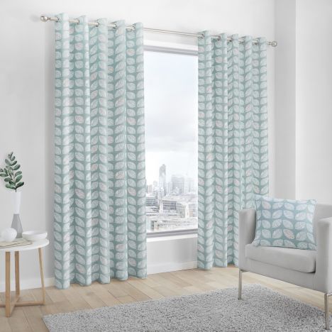 Delft Scandi Leaves 100% Cotton Fully Lined Eyelet Curtains - Duck Egg Blue