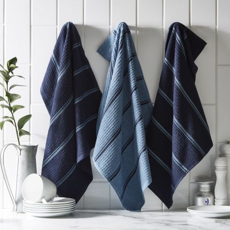 Pack of 3 Cotton Kitchen Tea Towels - Midnight Blue