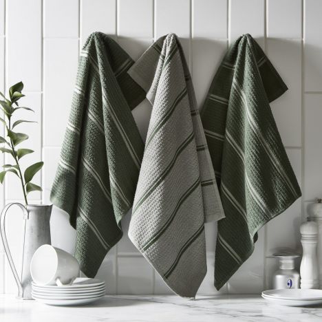 Pack of 3 Cotton Kitchen Tea Towels - Fern Green