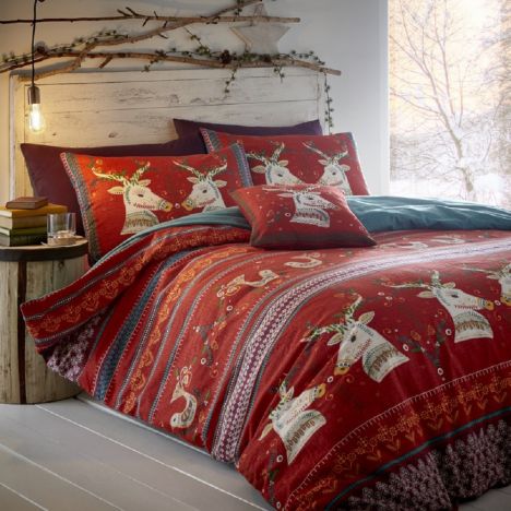 Folklore Stags Flannelette Duvet Cover Set - Red