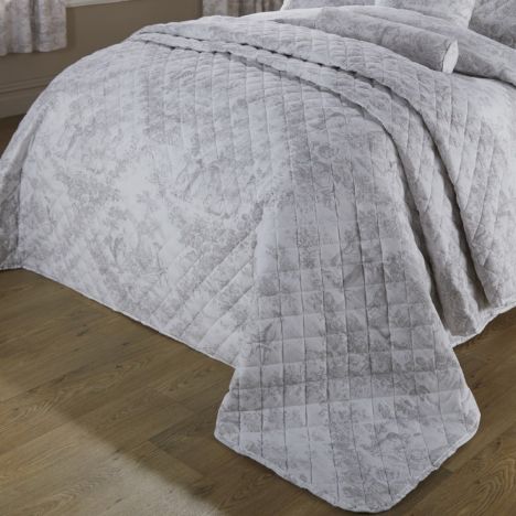 Toile De Jouy Vintage Quilted Bedspread - Grey