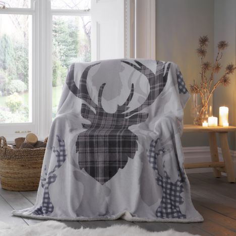 Tartan Stag Supersoft Blanket Fleece Throw - Grey