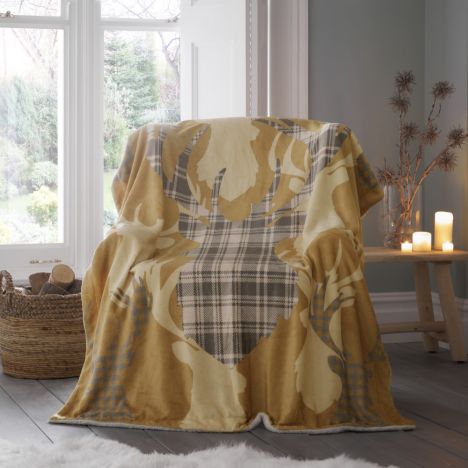 Tartan Stag Supersoft Blanket Fleece Throw - Mustard Yellow